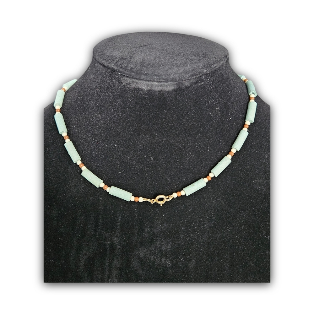 Chic egyptian sintered quartz ceramic beaded Necklace in Aqua. 17" - Picture 2 of 2